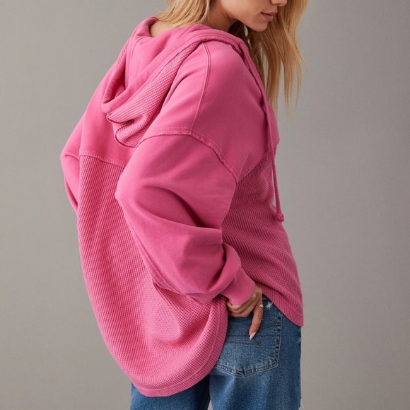 American Eagle Pink Big Hug Hooded Waffle Shacket - Picture 2 of 5